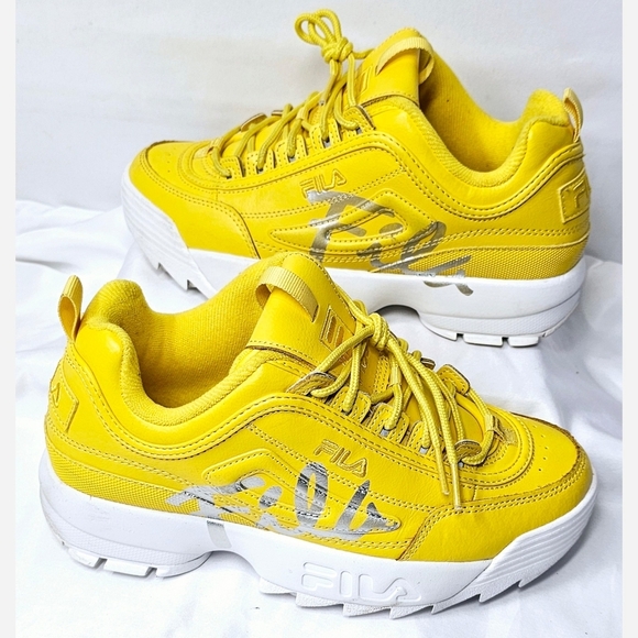 Size 6.5 Kids FILA Yellow Disruptor ll Script Sneakers - Picture 2 of 8